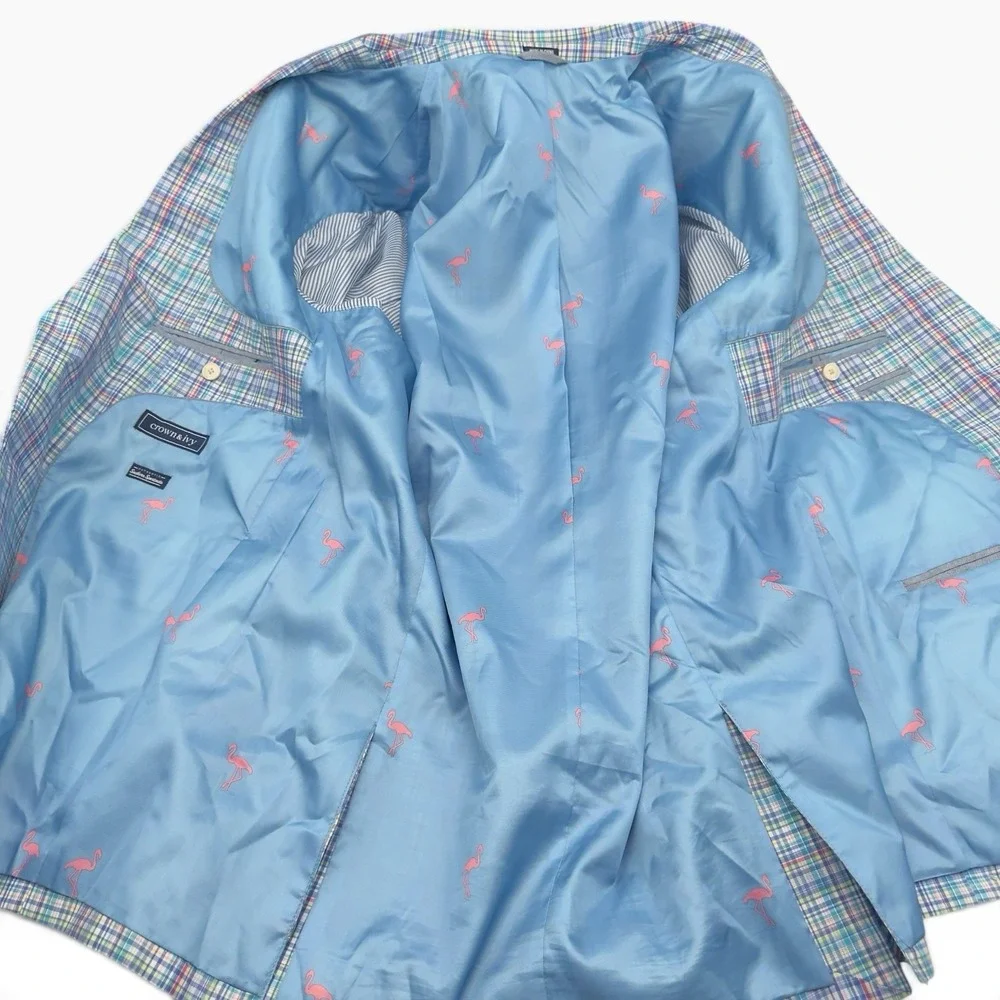 Crown & Ivy Mens Blazer 46L Blue Plaid Cotton Sport Coat Flamingo Lining Preppy